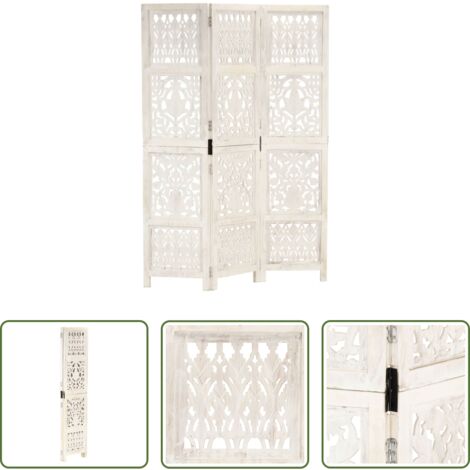 Biombo de madera maciza -  Biombo 3 paneles tallado a mano madera mango blanco 120x165 cm