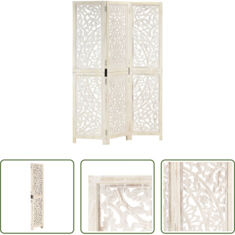 Biombo de madera maciza -  Biombo 3 paneles tallado a mano madera mango blanco 120x165 cm