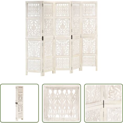 Biombo de madera tallado a mano -  Biombo 5 paneles tallado a mano madera mango blanco 200x165 cm