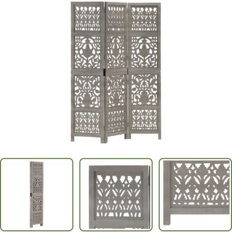 Biombo de mango -  Biombo 3 paneles tallado a mano madera de mango gris 120x165 cm