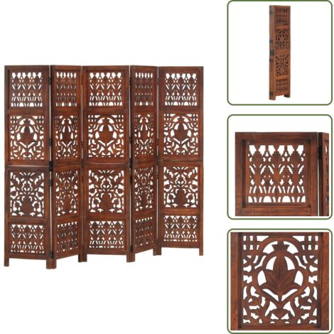 Biombo de mango - vidaXL Biombo 5 paneles tallado a mano madera mango marrón 200x165 cm -