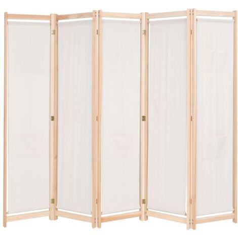 Biombo divisor 5 paneles de tela crema 200x170x4 cm