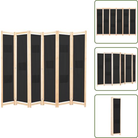 Biombo divisor de 6 paneles de tela negro 240x170x4 cm