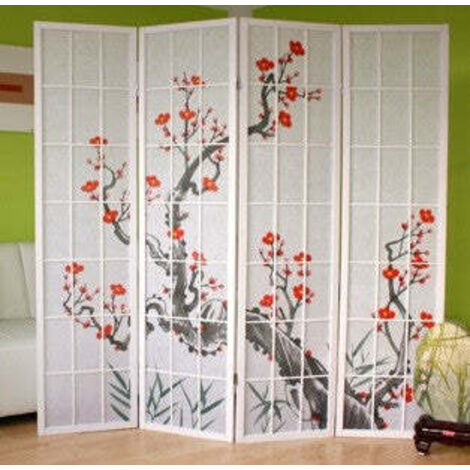 Biombo japonés de 4 paneles en madera blanca 176x175 cm PAR06017