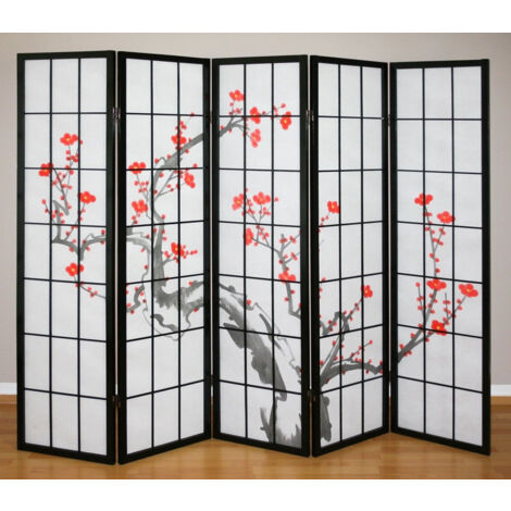 Biombo japonés de 5 paneles en madera negra 220x175cm PAR06015