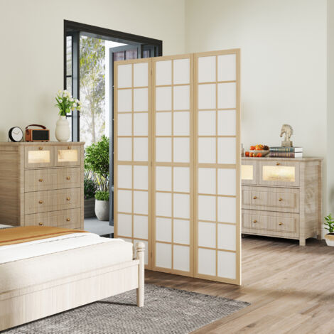 Biombo Plegable de 3 Paneles Separador de Ambientes para Sala de Estar Dormitorio y Oficina 120x170 cm Madera y Blanco