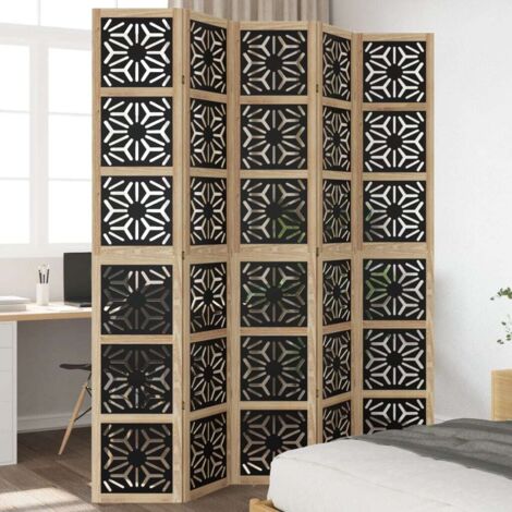 Biombo separador 5 paneles madera maciza Paulownia marrón negro
