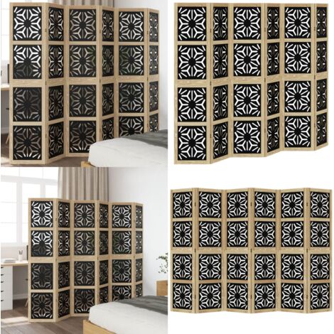 Biombo separador 6 paneles madera maciza Paulownia marrón negro - Madera paulownia - Partición de ambientes