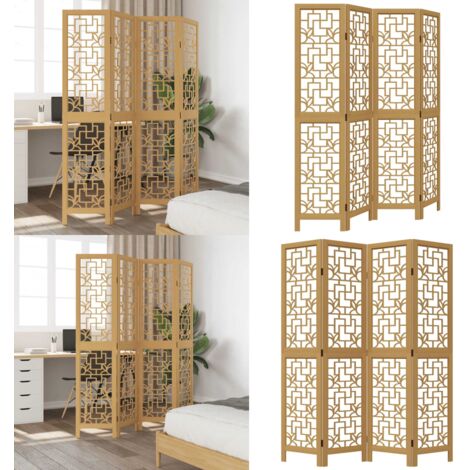 Biombo separador de 4 paneles madera maciza paulownia marrón - Madera paulownia - Separador de ambientes