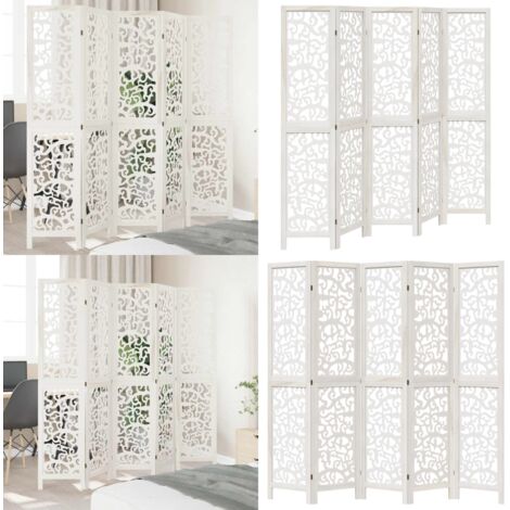 Biombo separador de 5 paneles madera maciza Paulownia blanco - Madera paulownia - Separador de ambientes
