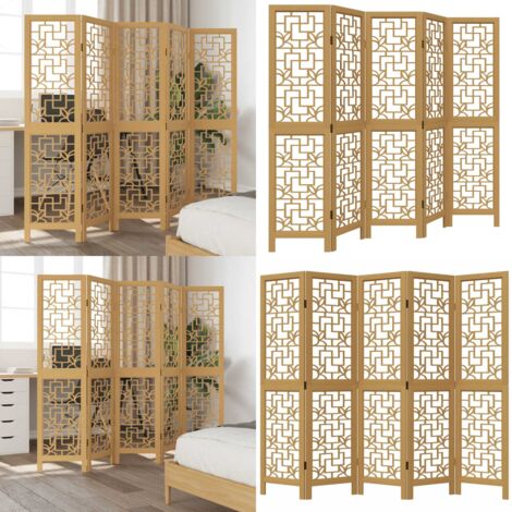 Biombo separador de 5 paneles madera maciza paulownia marrón - Madera paulownia - Separador de ambientes