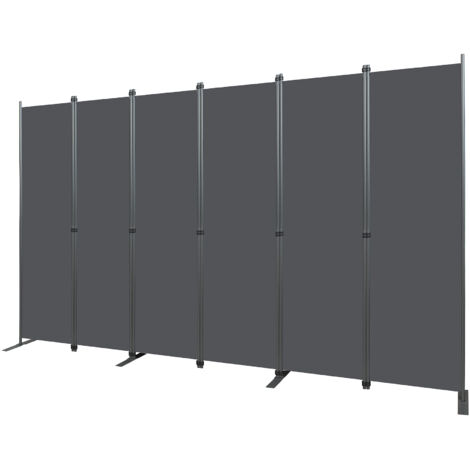 Biombo separador de ambientes de 304 x 180 cm, 6 paneles, autoportante, plegable, de metal y poliéster gris oscuro.