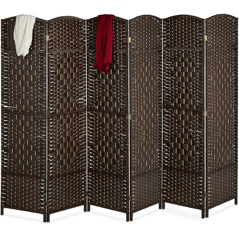 Biombo separador de ambientes Relaxdays, 170 x 240 cm, plegable, 6 paneles, madera y cordón de papel, marrón