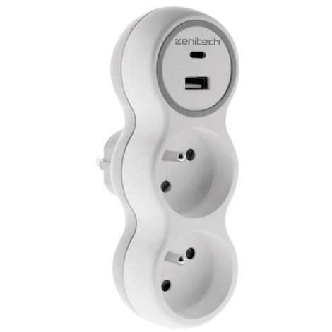 Biplite 16A + 2 chargeurs USB A et C blanc/gris - ZENITECH