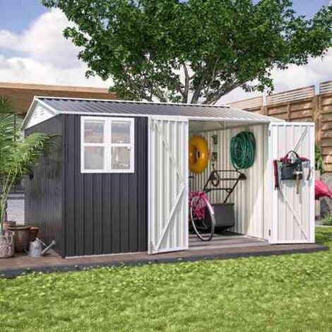 BIRCHTREE 10x10FT Steel Apex Garden Shed Tool Equipment Organize W/Window Door Anthracite