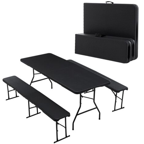 BIRCHTREE Folding Table & 2 Benches Set Foldable 3 PCS For Picnic Garden Camping BBQ Black
