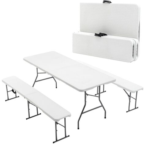 BIRCHTREE Folding Table & 2 Benches Set Foldable 3 PCS For Picnic Garden Camping BBQ White
