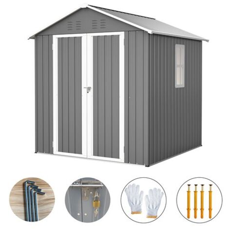 BIRCHTREE Garden Shed 6x6FT Steel Apex House Tool Equipment Organizer W/ Window Door Grey