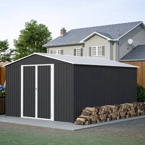 BIRCHTREE Garden Shed Metal Apex Roof 10FT X 12FT Outdoor Storage With Free Foundation Anthracite and White