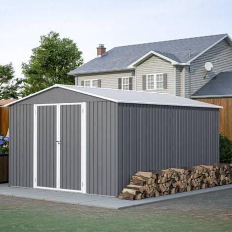 BIRCHTREE Garden Shed Metal Apex Roof 10FT X 12FT Outdoor Storage With Free Foundation Grey and White