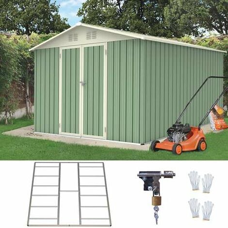 BIRCHTREE Garden Shed Metal Apex Roof 10FT X 8FT Light Green and Cream