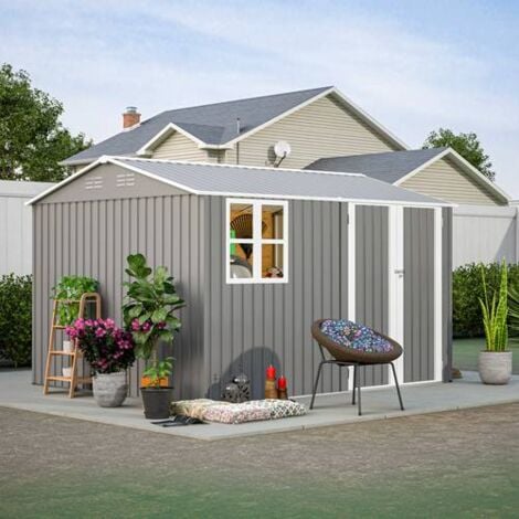 BIRCHTREE Garden Shed With Window Steel Apex Roof Free Foundation 10x8FT Outdoor Backyard Storage Organizer Air Vents Grey