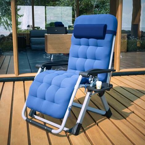 BIRCHTREE Sun Recliner Adjustable Folding Lounge With Thick Cushion Cup Drink Holder Head Rest Patio Deck Chairs Blue