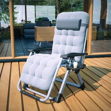 BIRCHTREE Sun Recliner Adjustable Folding Lounge With Thick Cushion Cup Drink Holder Head Rest Patio Deck Chairs Grey