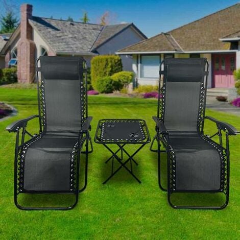 BIRCHTREE Sun Recliner Chairs and Table Set of 3 ZERO GRAVITY Cup Drink Holder Foldable Black