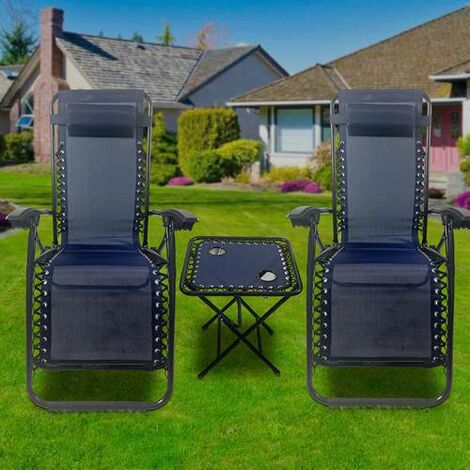 BIRCHTREE Sun Recliner Chairs and Table Set of 3 ZERO GRAVITY Cup Drink Holder Foldable Blue