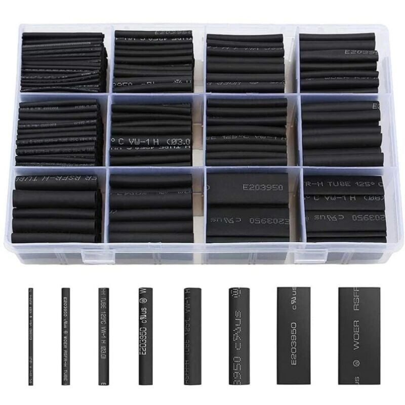 Heat Shrink Tubing 650pcs Black Heat Shrink Tube 8 Sizes 2:1 Ratio Thermo Shrink Tubing Kit, Black