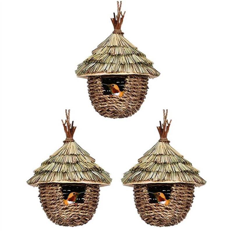 Bird House,3Pcs Hand Woven Hanging Humming House for Nesting,Natural Grass Nest Garden,Patio
