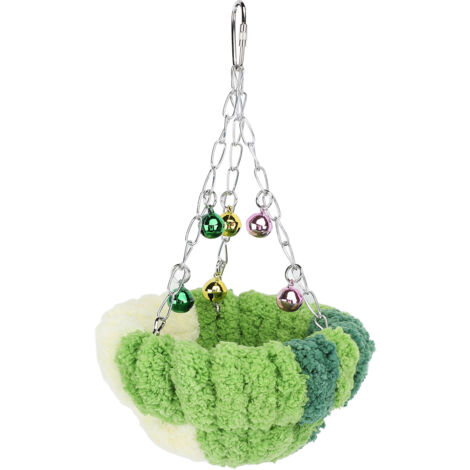 Bird Nest Warm Cozy Soft Plush Cute Look Bell Pendant Parrot Breeding Nest Bed Hanging Swing for Home Indoor Small, Deep Green