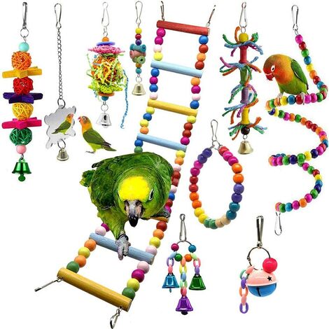 Bird Parrot Toys, Budgie Toys 10-Pack Bird Parrot Ladder Hanging Bell Swing Cage Toys- Budgie, Cockatiel, Conure, Finch