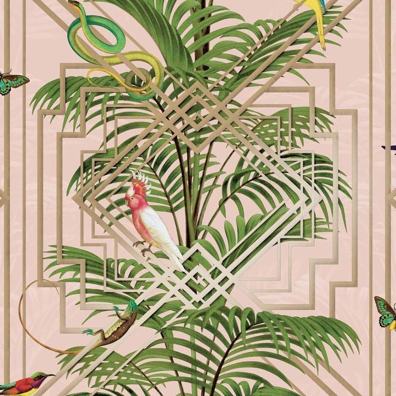 Holden Decor - Birds Tropical Palm Trees Wallpaper Pink Metallic Gold Green Congo