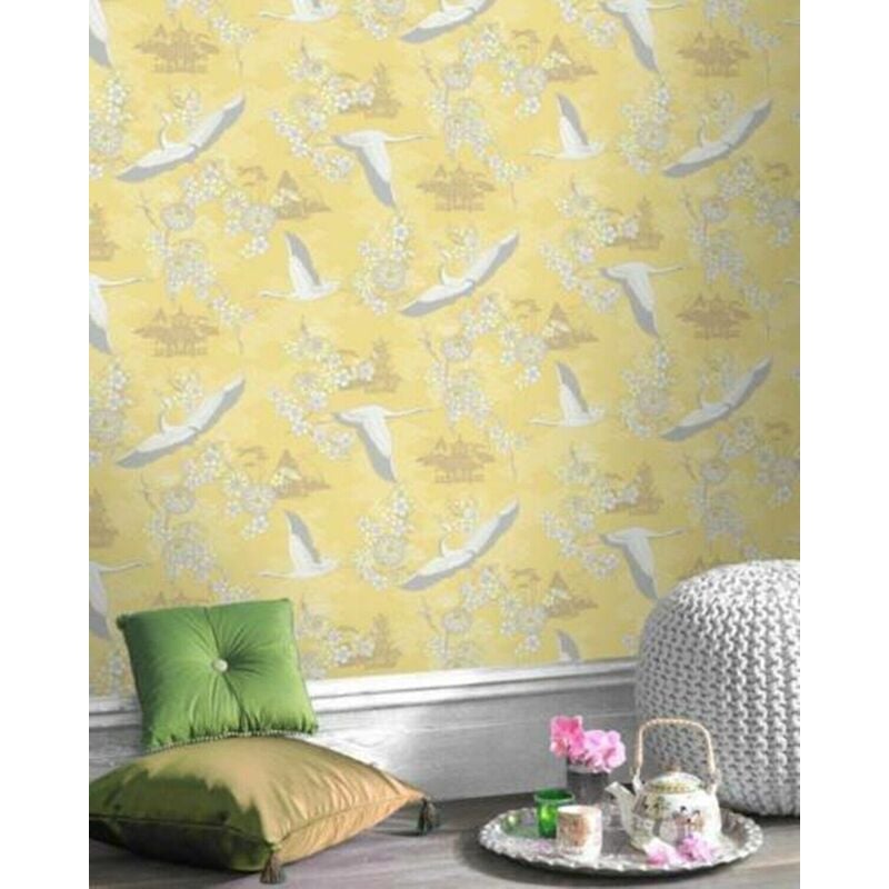 Oriental yellow grey white birds flowers quality feature wallpaper Rasch