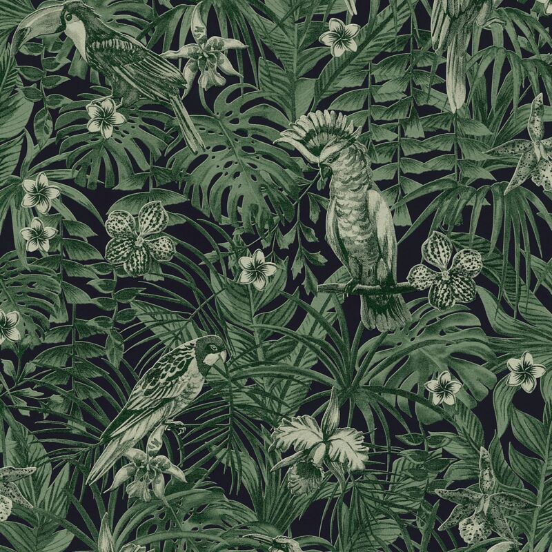 Profhome - Birds wallpaper wall 372101 non-woven wallpaper textured with birds pattern matt green black 5.33 m2 (57 ft2)