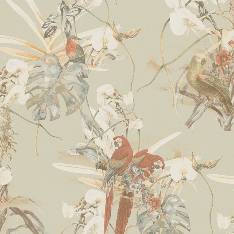 Birds wallpaper wall Profhome 387252 hot embossed non-woven wallpaper smooth with birds pattern matt beige orange brown pale green 5.33 m2 (57 ft2)