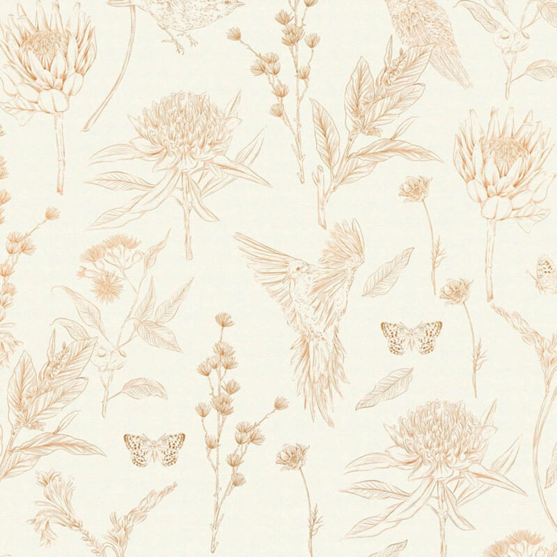 Profhome - Birds Wallpaper Wall 394291 Hot Embossed Non-woven Wallpaper Slightly Textured With Floral Pattern Matt White Brown Beige Orange 5.33 M2