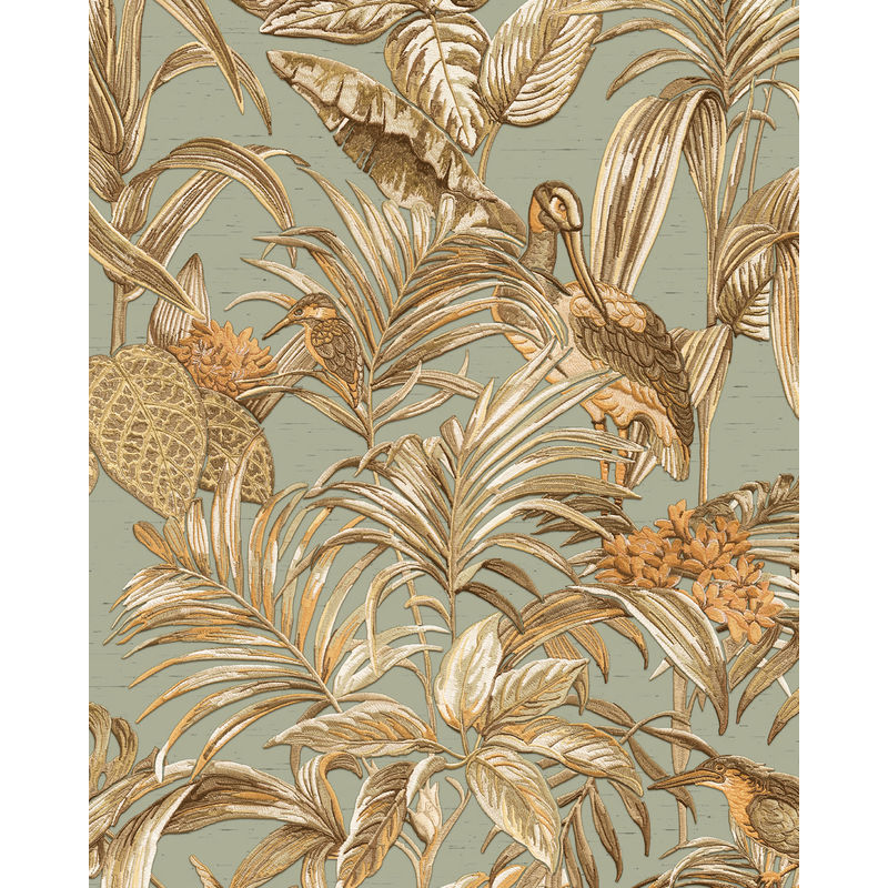 Birds wallpaper wall Profhome DE120017-DI hot embossed non-woven wallpaper embossed with exotic design shiny blue gold copper 5.33 m2 (57 ft2) - blue