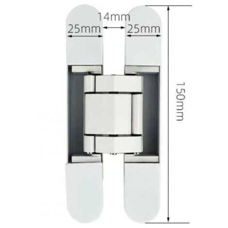 Bisagra invisible para puertas de alta resistencia, zamak plateado, capacidad de 40 kg, apertura de 180°, paquete de 1 con tapas negras.