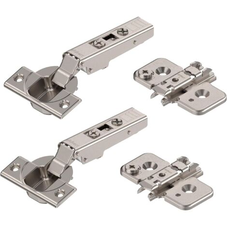 Bisagra para muebles (2 unidades, 110°, recta, con muelle, tornillos, tope de esquina, placa de montaje en cruz excéntrica, acero, tornillos, distancia de 0 mm)