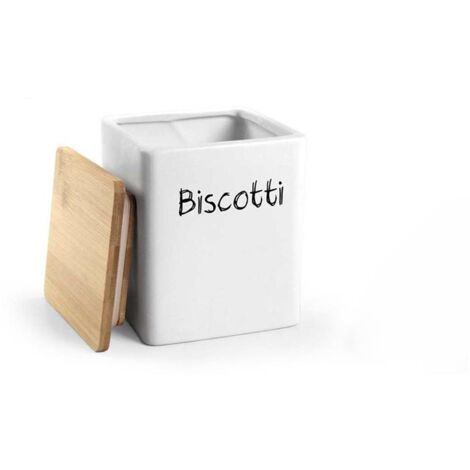 BISCOTTIERA IN CERAMICA QUADRATA 13X17CM CON TOP IN LEGNO