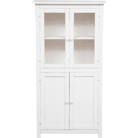 Biscottini – Vitrine de salon en bois de tilleul massif 130x25x68 cm – 4 étagères – 2 portes vitrées – Style Shabby Chic Made in Italy