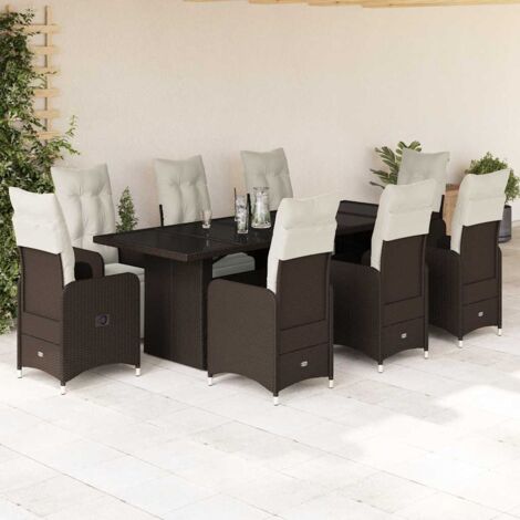 Bistro Gartenmöbel Set 9-tlg. mit braunen Kissen aus Poly-Rattan