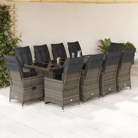 Bistro-Gartenmöbelset 11 Teile mit grauen Polstern aus Poly-Rattan