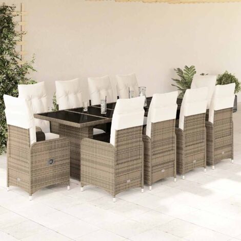 Bistro-Gartenmöbelset 11-teilig mit beigefarbenen Kissen aus Poly-Rattan