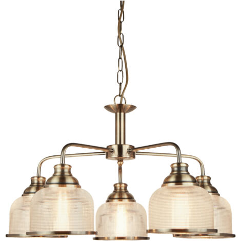 Bistro Ii, plafonnier 5 flammes, laiton antique, verre halophane