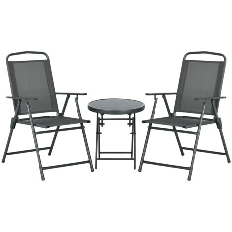Bistro-Set en métal, résistant à la pluie. Conjugué avec des tables en verre qui se replient, ainsi que des chaises pour le jardin. Couleur gris foncé.