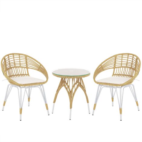 main image of "Bistro Set PE Rattan Metal Legs 2 Chairs Coffee Table Natural and White Pellaro"